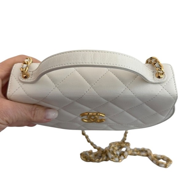 Chanel Mini Top Handle Flap Crossbody Bag White Quilted Lambskin Gold HW - Picture 7 of 15